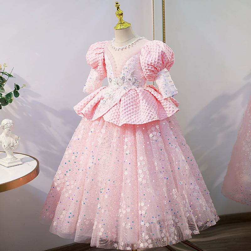 Blumenmädchenkleid für Kinder, Kommunion, Festzug, elegant, süß, Pailletten, rosa, Prinzessinnenkleid 