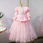 Blumenmädchenkleid für Kinder, Kommunion, Festzug, elegant, süß, Pailletten, rosa, Prinzessinnenkleid 