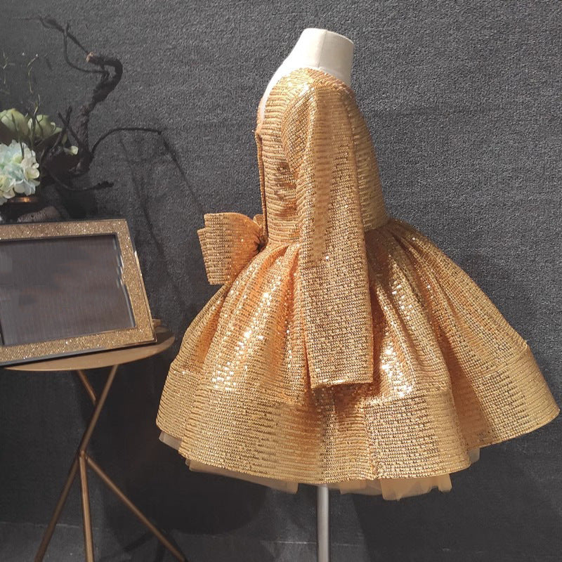 Elegante vestido de lentejuelas doradas para niña, vestido de princesa de primera comunión para niña pequeña 