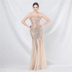 New craft order ostrich hair mesh bead long evening dress