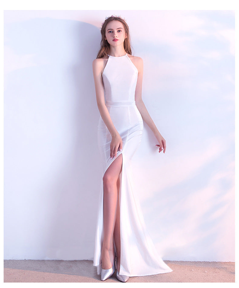 New fashionable long red fishtail neck wedding banquet evening dress
