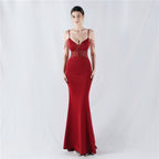 Evening dress waist fish bone beads hot diamond banquet performance host evening dress
