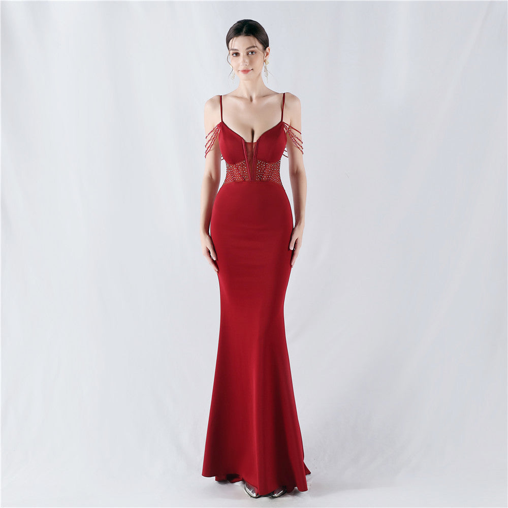 Evening dress waist fish bone beads hot diamond banquet performance host evening dress