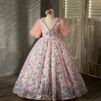 Vestido de niña de las flores para niñas, elegante, para desfile, comunión, lentejuelas, vestido de fiesta de cumpleaños hinchado 