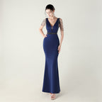 New deep V-neck high-density beads decorative slim-fitting evening dress banquet wedding performance