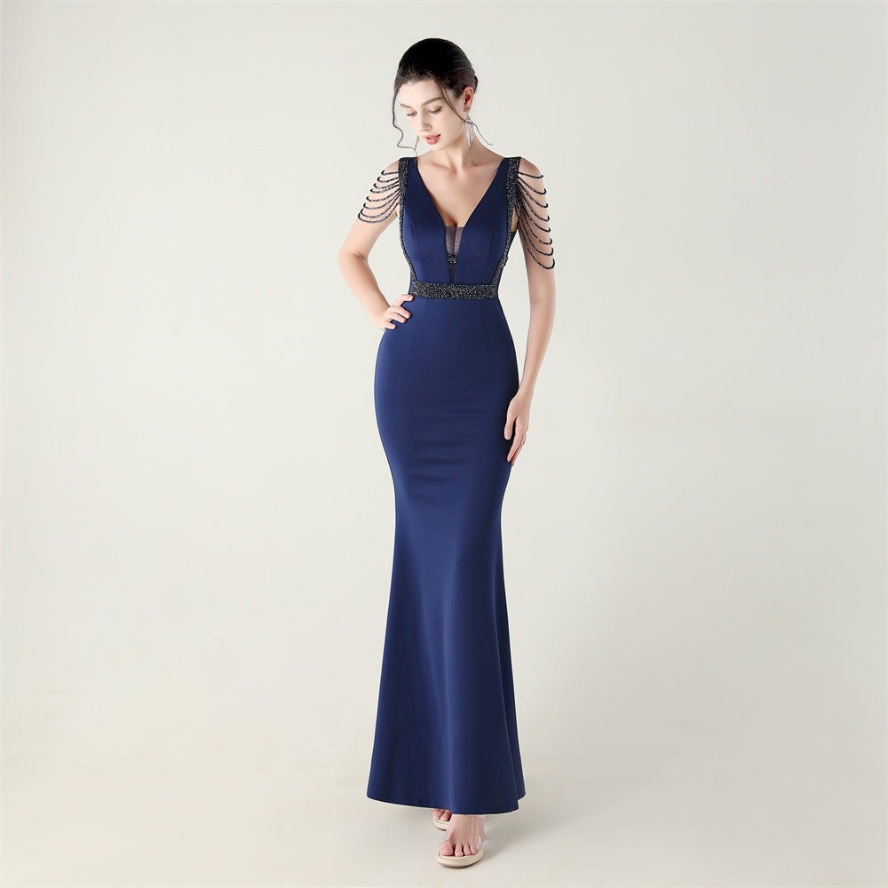 New deep V-neck high-density beads decorative slim-fitting evening dress banquet wedding performance