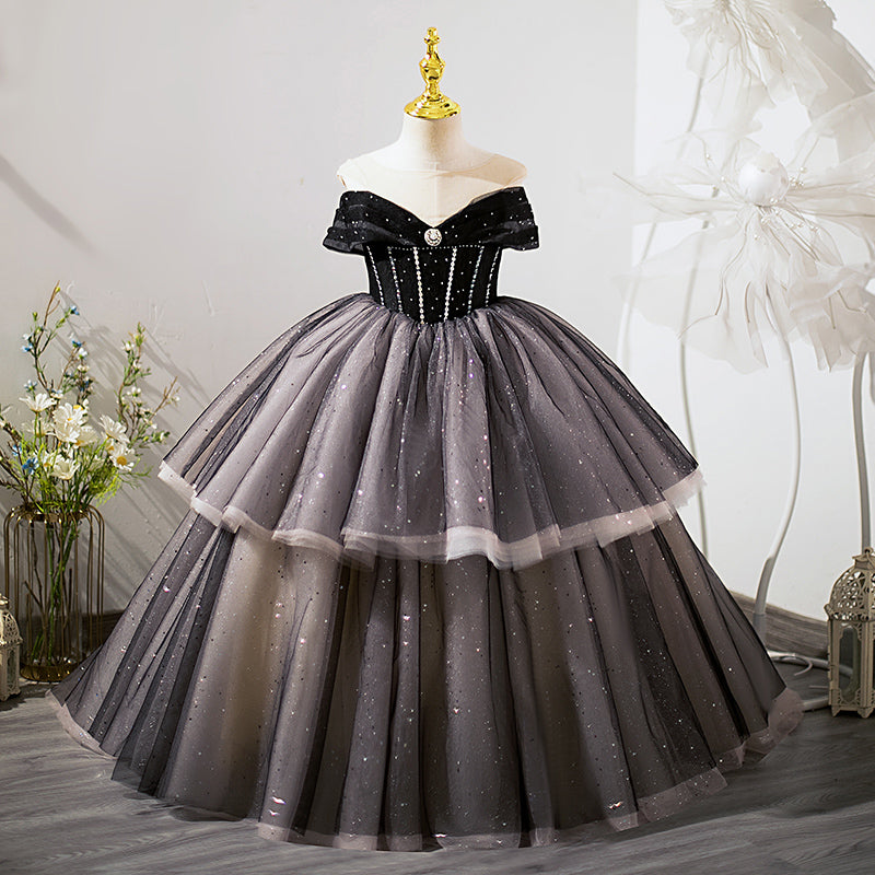 Kleid für kleine Mädchen, Blumenmädchenkleid, Festkleid, Kommunionkleid, schwarzes Paillettenkleid, flauschiges Prinzessinnenkleid 