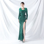 New craft ostrich hair long-sleeved bead evening dress