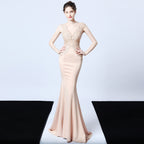 Pure handmade appliqué beaded toast dress bridal long thank you banquet slim fishtail dress wedding evening dress