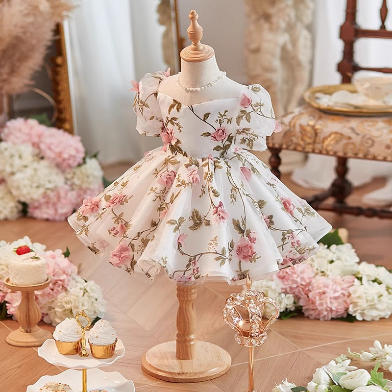 Elegante vestido de fiesta de cumpleaños floral con mangas abullonadas de malla para bebé, vestido de primera comunión para niña pequeña 