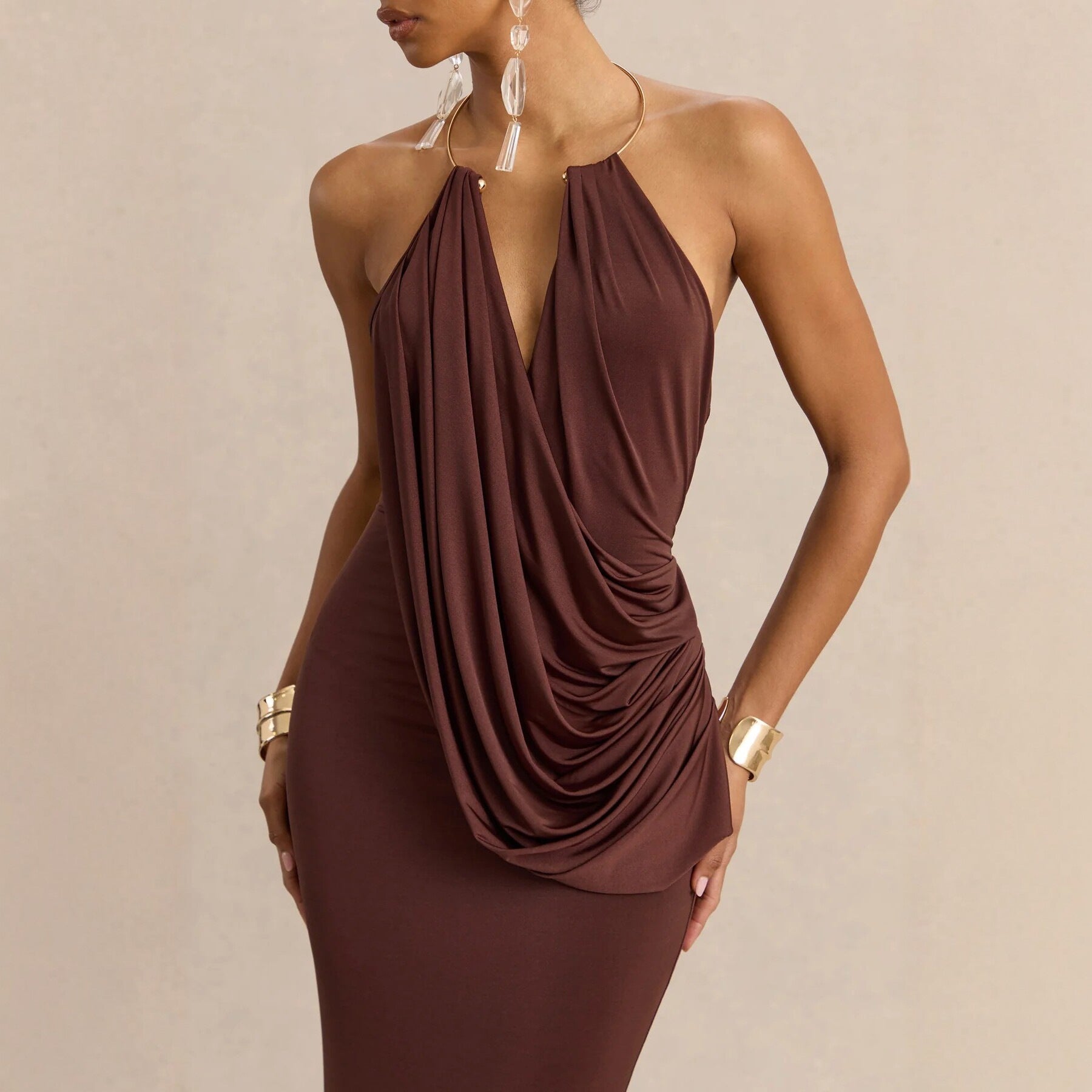 Ruffle Cowl Neck Bodycon Maxi Dress