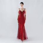 Heavy Industry Hot Drilled Fishbone Vest Lace Lace Bead High Fork Evening Dress
