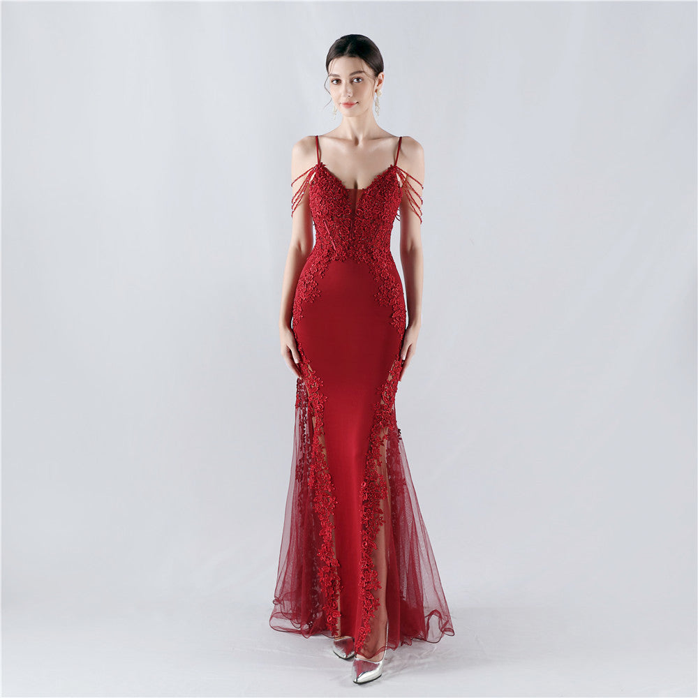 Heavy Industry Hot Drilled Fishbone Vest Lace Lace Bead High Fork Evening Dress