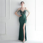 Fashion red carpet formal settings bead chain suspender long evening dress