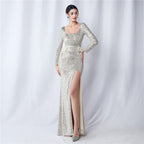 New craft nailed ostrich bead long-sleeved evening dress