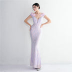 High density three-dimensional strong bead positioning flower craft handmade hair banquet slim sexy evening dress