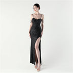 Dinner Focus, Premium, Sequined Fishbone Vest Beaded Suspender High Split Evening Gown