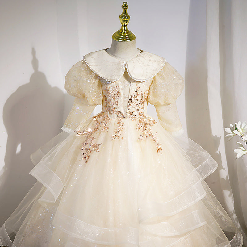 Blumenmädchenkleid für Kinder, Kommunion, Sommer, elegant, Pailletten, Puppenkragen, flauschig, Taufkleid 