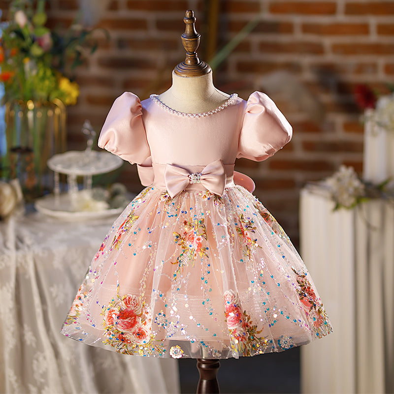 Vestido para niña pequeña, vestido de fiesta de cumpleaños con lentejuelas y lazo, vestido de comunión de malla 