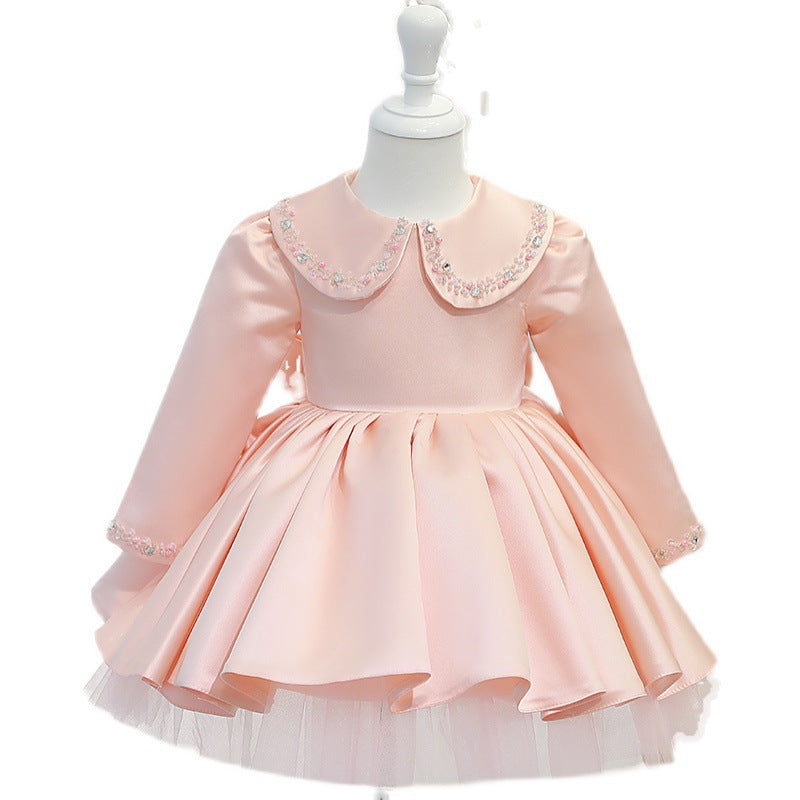 Vestido de comunión para niña, fiesta de cumpleaños, manga larga, cuello de muñeca, vestido de princesa con cuentas 