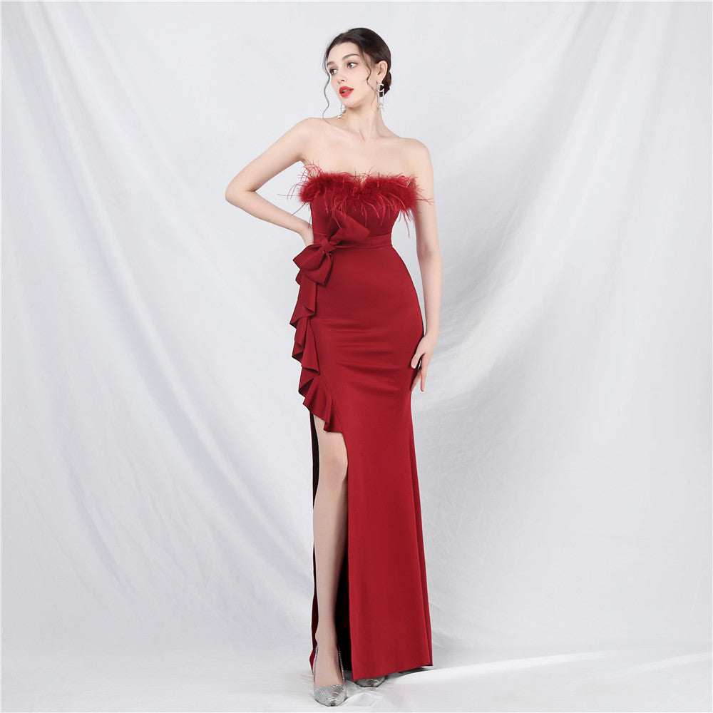 Craft Flower Order Ostrich Hair Off-Shoulder Tube Top Dinner Celebration Wedding Dress