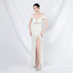Ostrich hair lace hot diamond court vest fish bone waist high-end evening dress