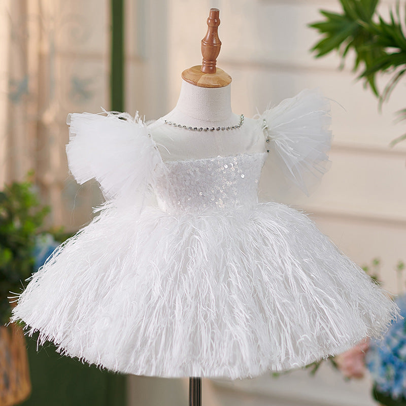 Festliches Federkleid für Mädchen, weiß, flauschig, für Abschlussball, Kommunion, Prinzessinnenkleid 