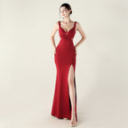 New cross-pleated hollow mesh deep V-neck evening dress slim banquet robe