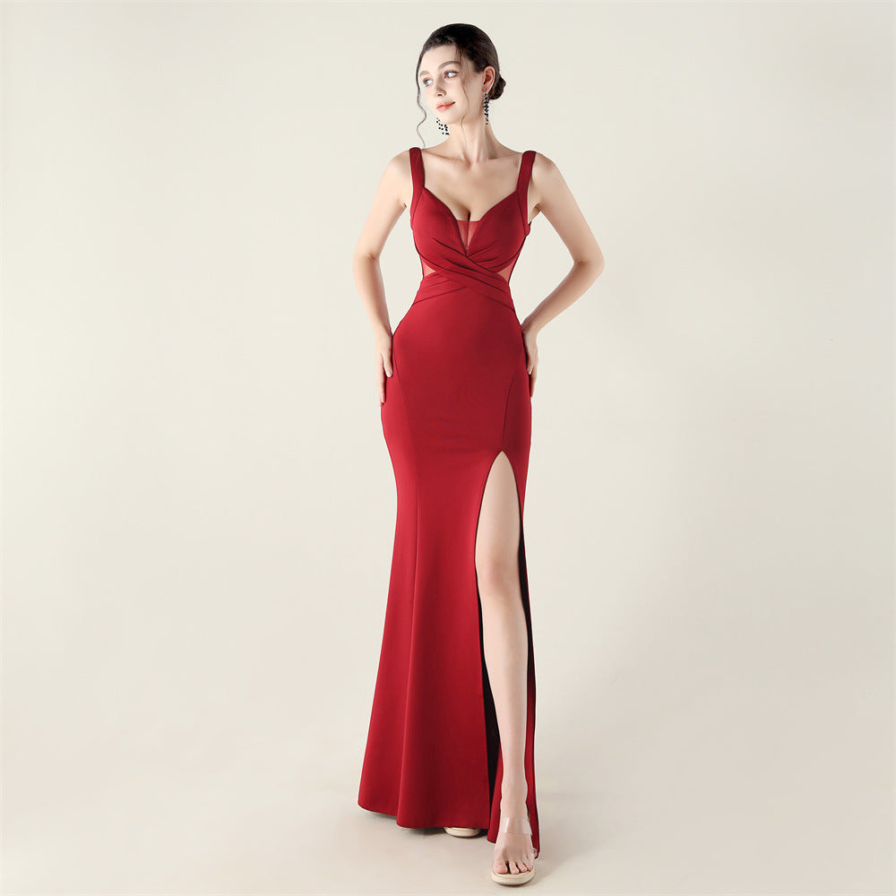 New cross-pleated hollow mesh deep V-neck evening dress slim banquet robe