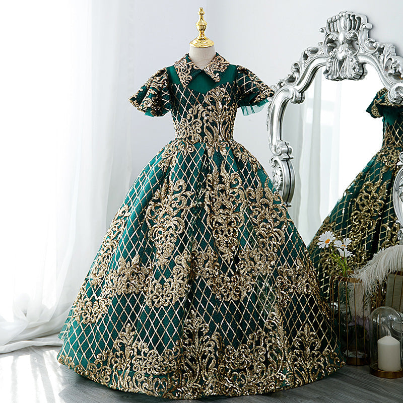 Mädchen Festkleid Kinder Vintage Wunderschönes grünes goldenes Pailletten-Party-Prinzessinnen-Kommunionskleid 