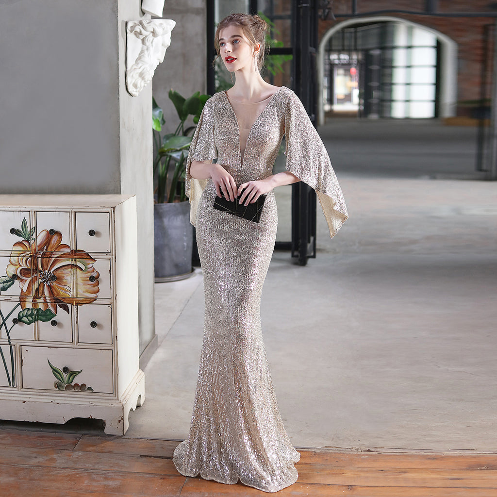 Angel wings sequined fishtail banquet elegant temperament annual meeting host car model party dress female summer