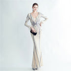 New product positioning flower bead piece craft ostrich hair high-end long-sleeved evening dress