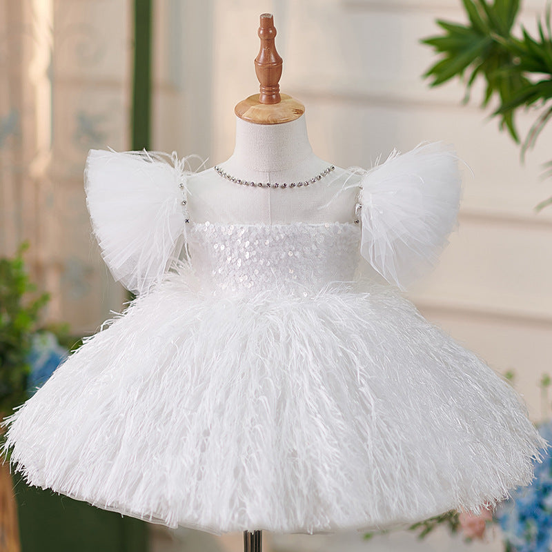 Festliches Federkleid für Mädchen, weiß, flauschig, für Abschlussball, Kommunion, Prinzessinnenkleid 