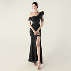 New single shoulder pleated ruffle edge pendant bead chain sequined evening dress, banquet wedding red carpet