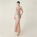New deep V suspender sequined fishtail evening dress beaded decorative sexy night banquet dress