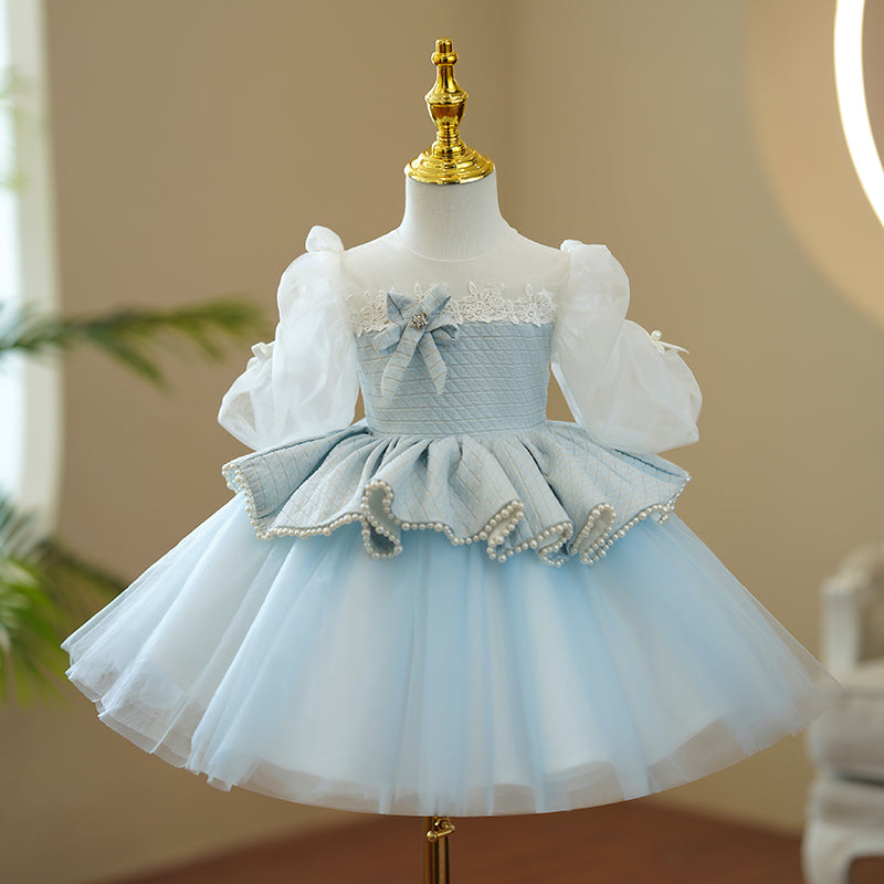 Kommunionkleid für Mädchen, Prinzessinnenkleid mit Puffärmeln, Perlenbesatz, flauschig, Geburtstagskleid 