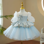 Kommunionkleid für Mädchen, Prinzessinnenkleid mit Puffärmeln, Perlenbesatz, flauschig, Geburtstagskleid 