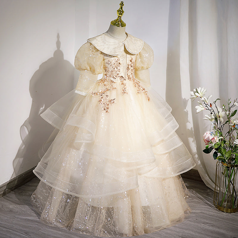 Blumenmädchenkleid für Kinder, Kommunion, Sommer, elegant, Pailletten, Puppenkragen, flauschig, Taufkleid 