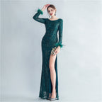 High-density ostrich hair beads long-sleeved fishtail high-end evening dress