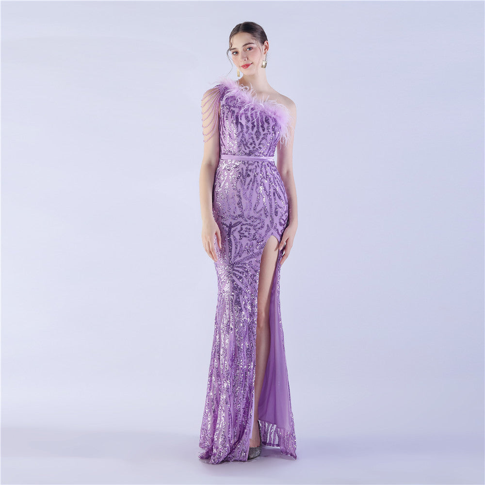 Dress new craft beaded ostrich hair oblique collar shoulder high-end evening dress