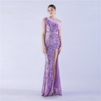 Dress new craft beaded ostrich hair oblique collar shoulder high-end evening dress