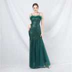 New craft order ostrich hair mesh bead long evening dress