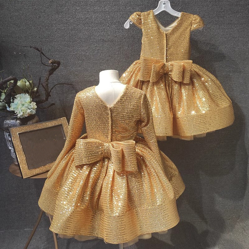 Elegante vestido de lentejuelas doradas para niña, vestido de princesa de primera comunión para niña pequeña 