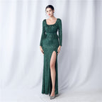 New craft nailed ostrich bead long-sleeved evening dress