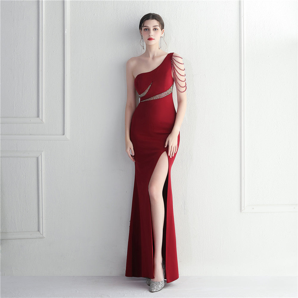 Hot Diamond Bead Craft Bridesmaid Hosting Party Sexy Shoulder Long Evening Dress