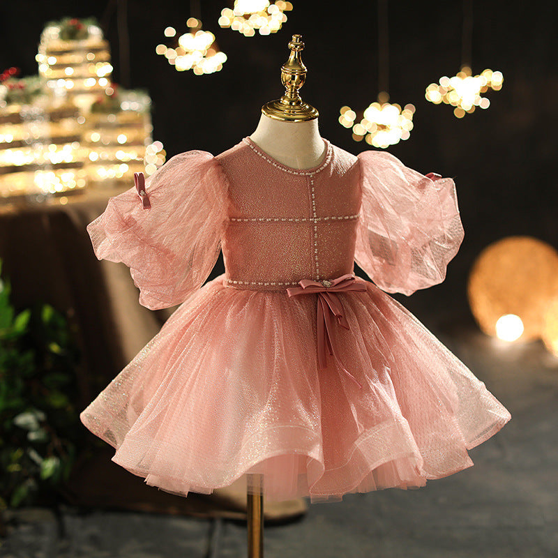 Vestido de primera comunión para niña pequeña, vestido de fiesta de cumpleaños para niña pequeña, vestido de desfile con flores y volantes. 