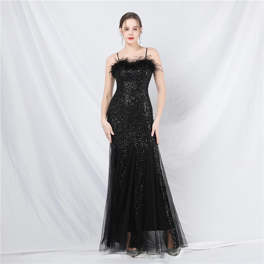 New craft order ostrich hair mesh bead long evening dress