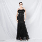New craft order ostrich hair mesh bead long evening dress