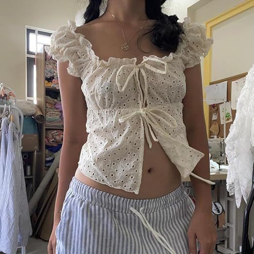 Lace Trim Tie Ruffle Tank Top