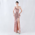 Dress positioning flower bead piece craft bead single shoulder oblique neck high fork evening dress